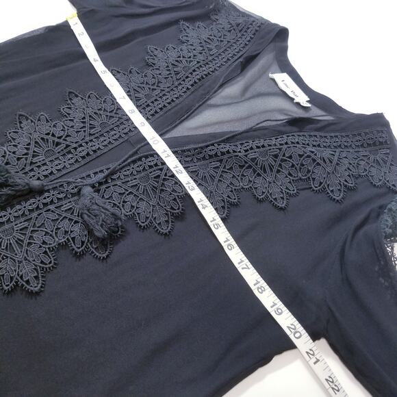 Line and Dot Black Crochet Tassels Deep V-neckline Sheer Blouse Long Sleeves - Picture 6 of 11
